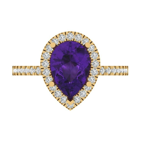 2.38 ct Pear Cut Natural Amethyst with Simulated Diamond Halo Accents 14K Yellow Gold Womens Engagement Ring
