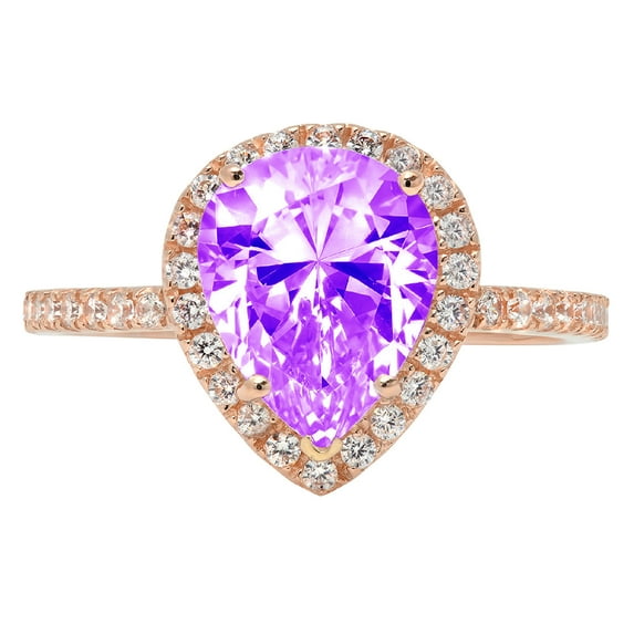 2.38 ct Pear Cut Natural Amethyst with Simulated Diamond Halo Accents 18K Rose Gold Womens Engagement Ring
