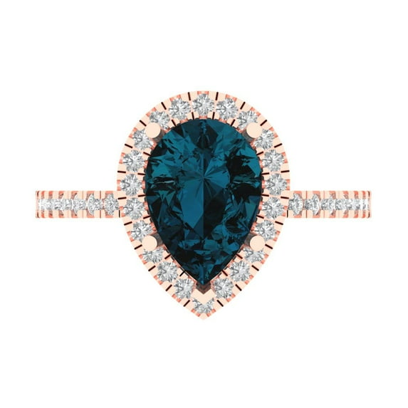 Clara Pucci 14K Rose Gold Solid Gold LondonBlueTopaz Halo Anniversary Ring for Women - 2.38 cttw Pear Cut