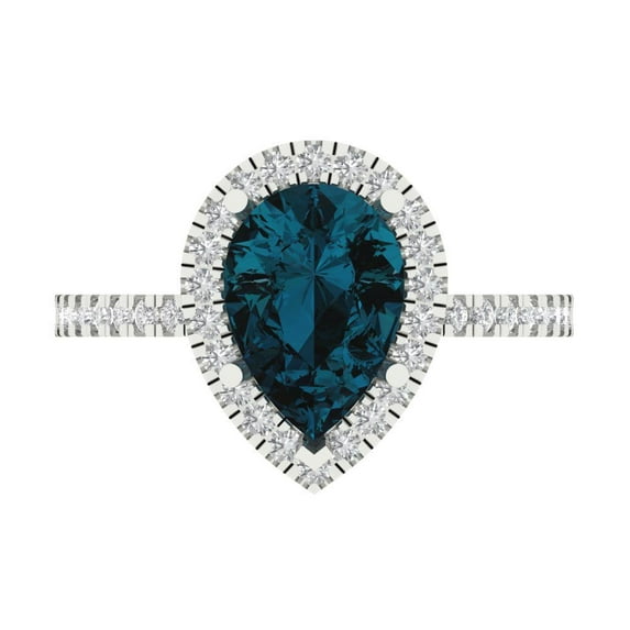 2.38 ctw with Simulated Diamond Halo Accents Anniversary Ring for Women | Pear Cut Natural London Blue Topaz | Hyperallergenic Solid 14K White Gold
