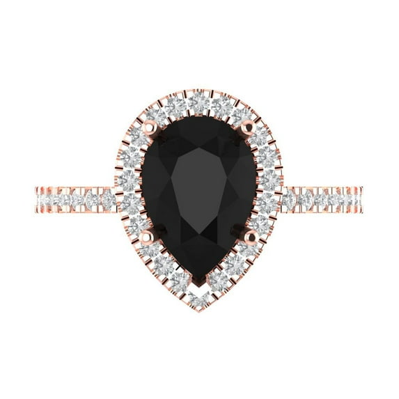 2.38 ctw with Simulated Diamond Halo Accents Anniversary Ring for Women | Pear Cut Natural Onyx | Hyperallergenic Solid 14K Rose Gold