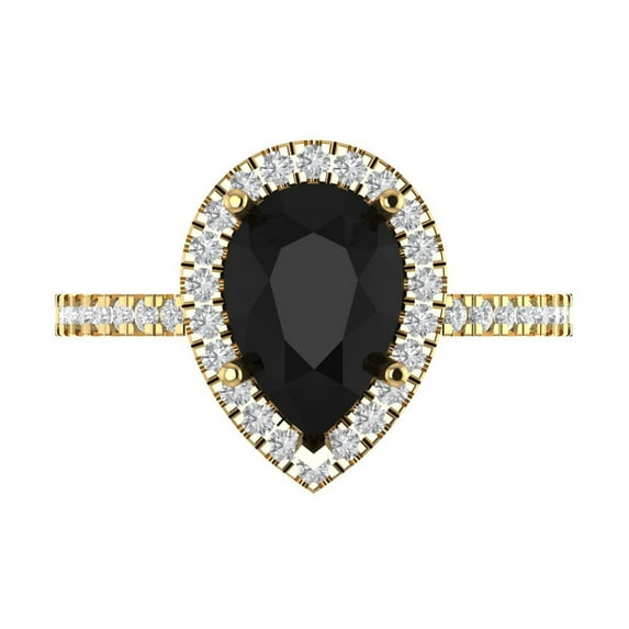 2.38 ctw with Simulated Diamond Halo Accents Anniversary Ring for Women | Pear Cut Natural Onyx | Hyperallergenic Solid 14K Yellow Gold