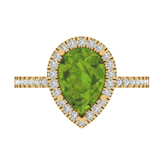 2.38 ctw with Simulated Diamond Halo Accents Anniversary Ring for Women | Pear Cut Natural Peridot | Hyperallergenic Solid 14K Yellow Gold