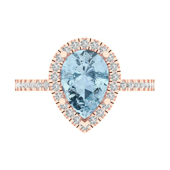 2.38 ct Pear Cut Natural Swiss Blue Topaz with Simulated Diamond Halo Accents 18K Rose Gold Womens Engagement Ring
