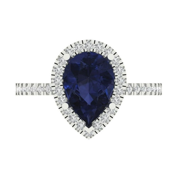 2.38 ct Pear Cut Simulated Blue Sapphire Halo Engagement Ring for Women in 18K White Gold