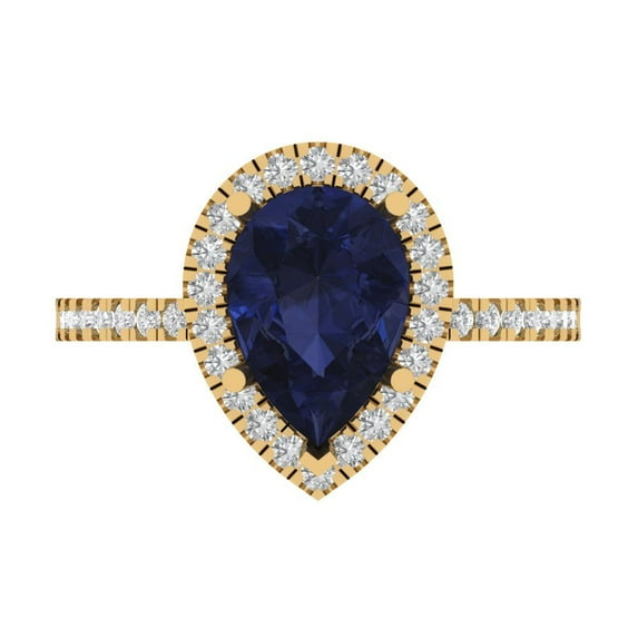 2.38 ctw with Simulated Diamond Halo Accents Anniversary Ring for Women | Pear Cut Simulated Blue Sapphire | Hyperallergenic Solid 18K Yellow Gold