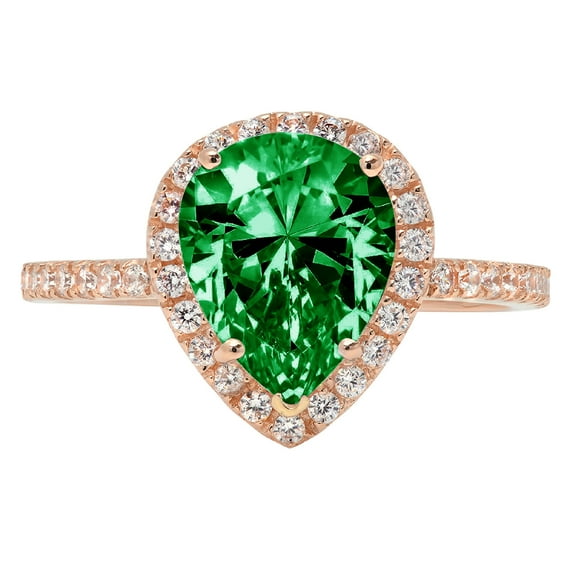 2.38 ct Pear Cut Simulated Emerald with Simulated Diamond Halo Accents 18K Rose Gold Womens Engagement Ring