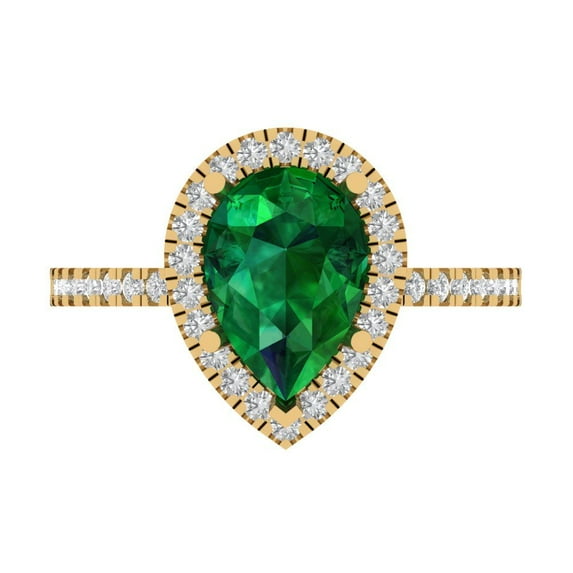 2.38 ctw with Simulated Diamond Halo Accents Anniversary Ring for Women | Pear Cut Simulated Emerald | Hyperallergenic Solid 18K Yellow Gold
