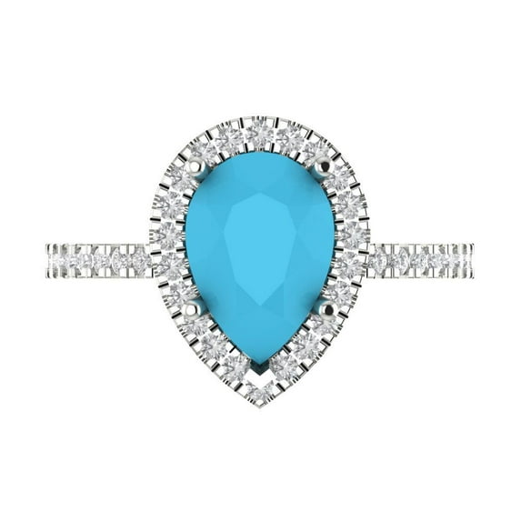 2.38 ctw with Simulated Diamond Halo Accents Anniversary Ring for Women | Pear Cut Simulated Turquoise | Hyperallergenic Solid 18K White Gold