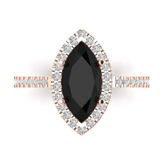 2.38ct Marquise Cut Black Natural Onyx 18k Pink Rose Gold Engraving Statement Bridal Wedding Halo Designer Ring Size 7.5