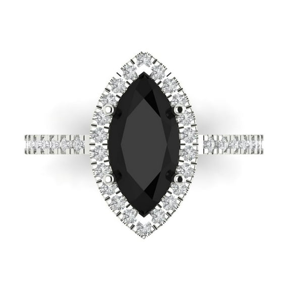 2.38ct Marquise Cut Black Natural Onyx 18k White Gold Engraving Statement Bridal Wedding Halo Designer Ring Size 8.5