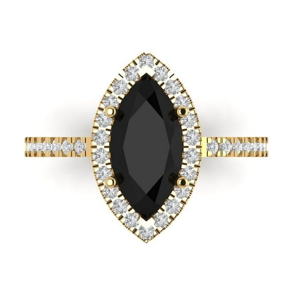 2.38ct Marquise Cut Black Natural Onyx 18k Yellow Gold Engraving Statement Bridal Wedding Halo Designer Ring Size 10.5