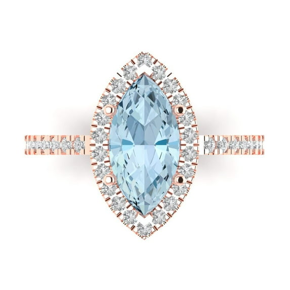 2.38ct Marquise Cut Blue Crystal 18k Pink Rose Gold Engraving Statement Bridal Wedding Halo Designer Ring Size 10.5