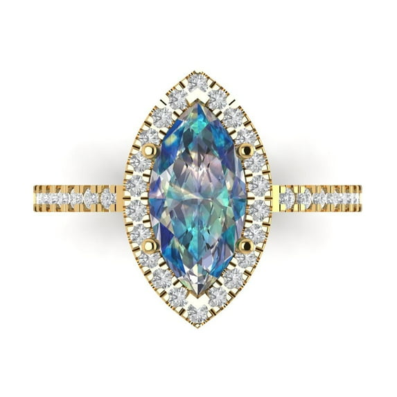 2.38ct Marquise Cut Blue Moissanite 18k Yellow Gold Engraving Statement Bridal Wedding Halo Designer Ring Size 5