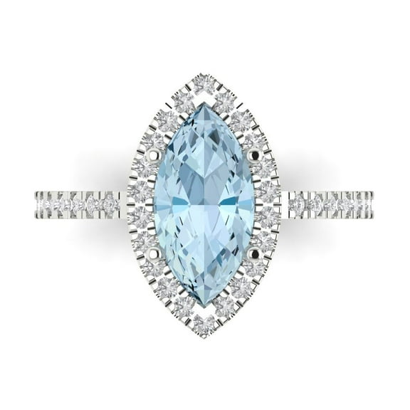 2.38ct Marquise Cut Blue Natural Aquamarine 14k White Gold Engraving Statement Bridal Wedding Halo Designer Ring Size 7.5