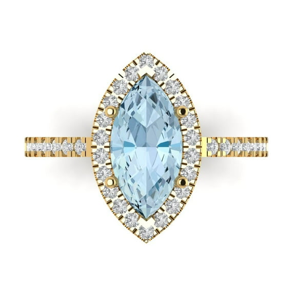 2.38ct Marquise Cut Blue Natural Aquamarine 18k Yellow Gold Engraving Statement Bridal Wedding Halo Designer Ring Size 8