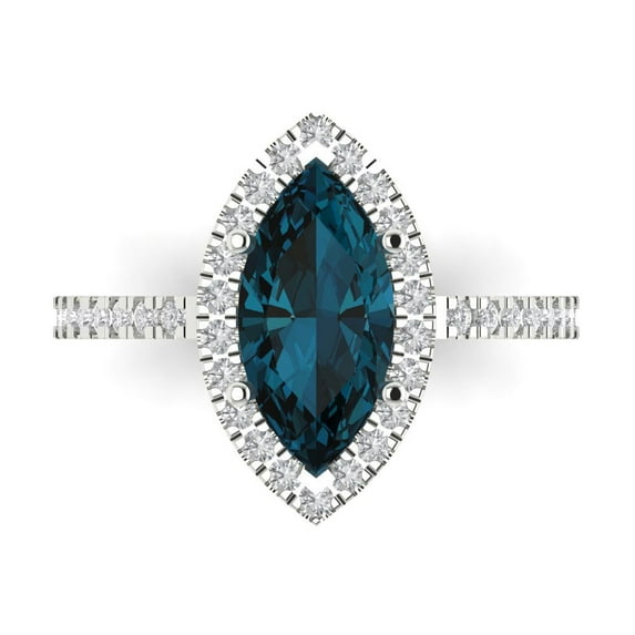 2.38ct Marquise Cut Blue Natural London Blue Topaz 18k White Gold Engraving Statement Bridal Wedding Halo Designer Ring Size 5