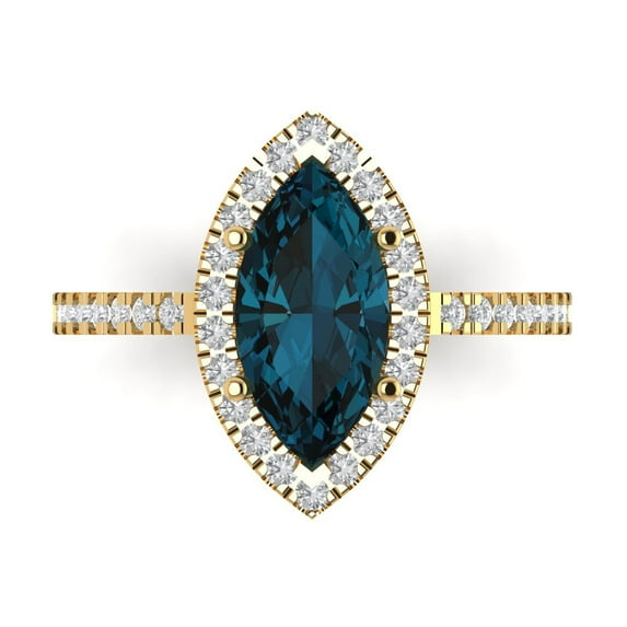 2.38ct Marquise Cut Blue Natural London Blue Topaz 18k Yellow Gold Engraving Statement Bridal Wedding Halo Designer Ring Size 7.5