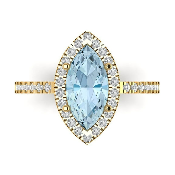 2.38ct Marquise Cut Blue Natural Swiss Blue Topaz 14k Yellow Gold Engraving Statement Bridal Wedding Halo Designer Ring Size 3.5