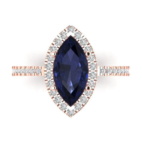 2.38ct Marquise Cut Blue Sapphire 18k Pink Rose Gold Engraving Statement Bridal Wedding Halo Designer Ring Size 4.5