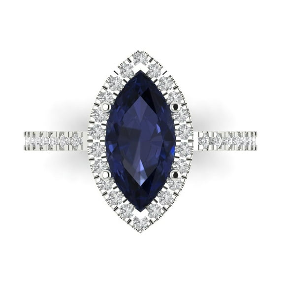 2.38ct Marquise Cut Blue Sapphire 18k White Gold Engraving Statement Bridal Wedding Halo Designer Ring Size 8