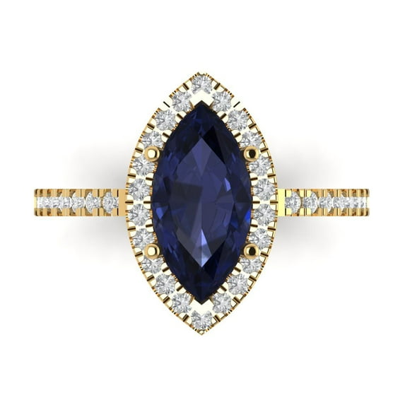 2.38ct Marquise Cut Blue Sapphire 18k Yellow Gold Engraving Statement Bridal Wedding Halo Designer Ring Size 6