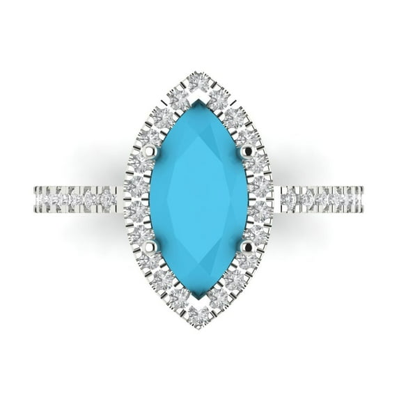 2.38ct Marquise Cut Blue Turquoise 18k White Gold Engraving Statement Bridal Wedding Halo Designer Ring Size 9.5