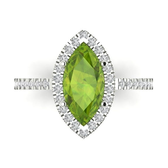 2.38ct Marquise Cut Green Natural Peridot 18k White Gold Engraving Statement Bridal Wedding Halo Designer Ring Size 6.5