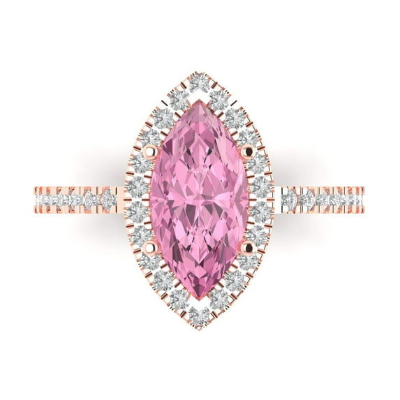 2.38ct Marquise Cut Pink Crystal 18k Pink Rose Gold Engraving Statement Bridal Wedding Halo Designer Ring Size 4.5