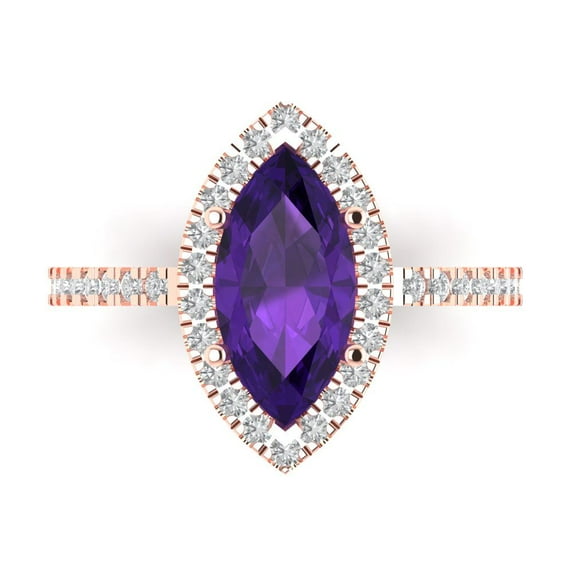 2.38ct Marquise Cut Purple Natural Amethyst 18k Pink Rose Gold Engraving Statement Bridal Wedding Halo Designer Ring Size 9