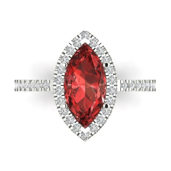 2.38ct Marquise Cut Red Natural Garnet 18k White Gold Engraving Statement Bridal Wedding Halo Designer Ring Size 7