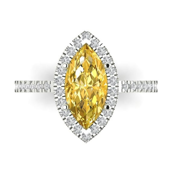 2.38ct Marquise Cut Yellow Natural Citrine 18k White Gold Engraving Statement Bridal Wedding Halo Designer Ring Size 5.5