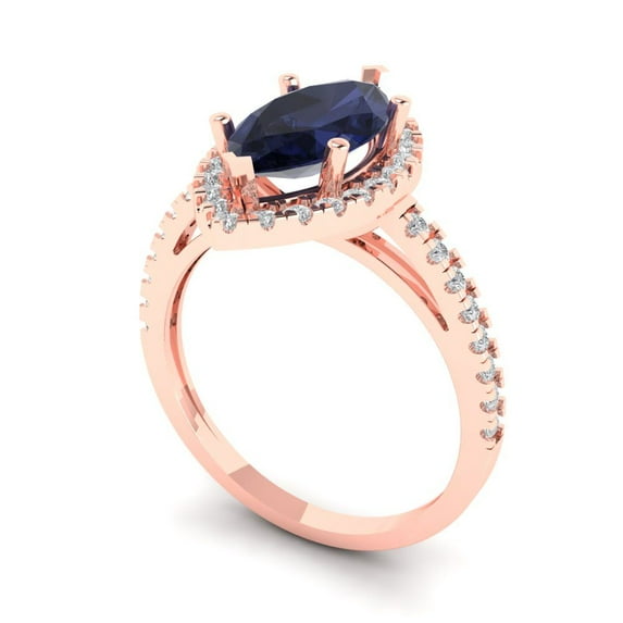 2.38ct marquise cut blue sapphire 18k rose gold halo Bridal Wedding Engagement Promise Anniversary Ring for Women size 7.75