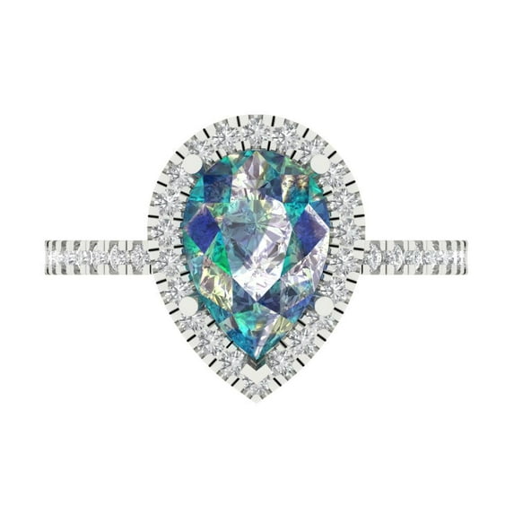 2.38 ctw with Simulated Diamond Halo Accents Anniversary Ring for Women | Pear Cut Blue Moissanite | Hyperallergenic Solid 14K White Gold