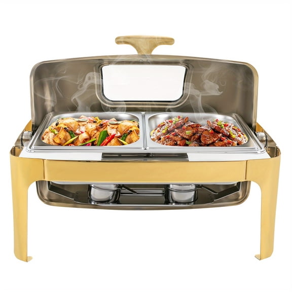2.38gal Golden Stainless Steel Buffet Set with Visible Lid - Commercial Hot Pot & Food Warmer, No Electricity Needed for Parties Events Outdoor, Durable & Easy-Clean Catering Equipment