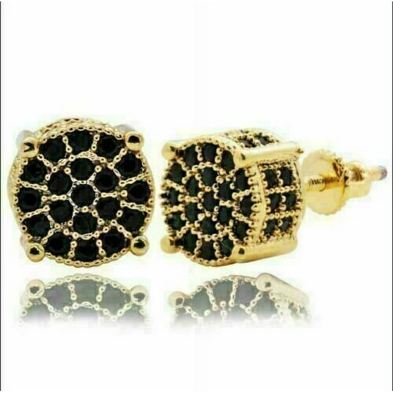 2.3Ct Round Cut Black Diamond Cluster Stud Earrings Solid 14K Yellow Gold Plated