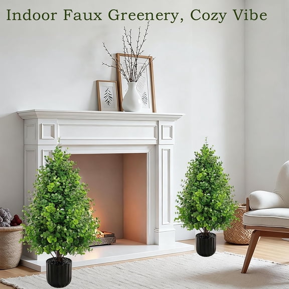 2.3FT Artificial Cedar Topiary Trees Oudoor Indoor,Set of 2 Potted Faux Cypress Tree Plants with Pot, Rated Fake Christmas Pine Tree for Outdoor Planters Front Door Offices