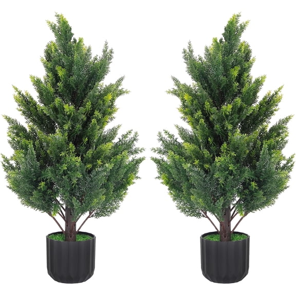 2.3FT Tall Artificial Cedar Topiary Trees Set of 2, Artificial UV Resistant Potted Plants, Faux Bushes Fake Shrubs for Outdoor Indoor Home Entryway Front Porch Garden Patio Offices Living Room Decor