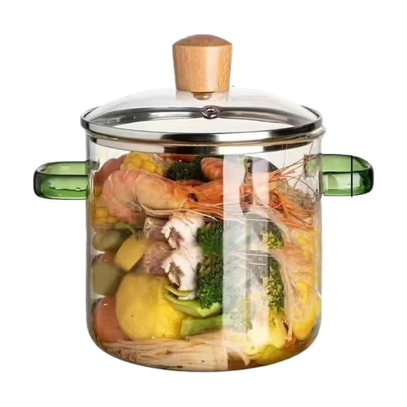 2.3L Green Handle Clear Glass Stew Pot with Lid, High Borosilicate Heat Resistant Glass Cookware with Handle, Transparent Simmer Pot for Stovetop Soup Milk Pasta Porridge, Microwave Oven Safe