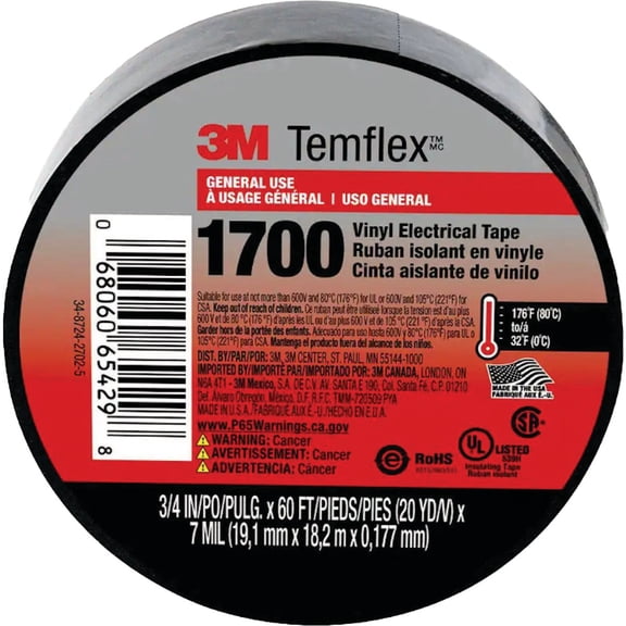 3M Temflex Vinyl Electrical Tape 1700 - Black - 2 Pack, 0.75 In x 60 Ft