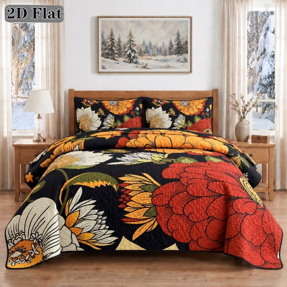 2/3PCS 2D Flat Christmas Black Oil Painting Large Floral Quilted Bedspread Set, Vintage Floral Bed Cover (1 Bedspread 1/2 Pillowcases)(Twin)