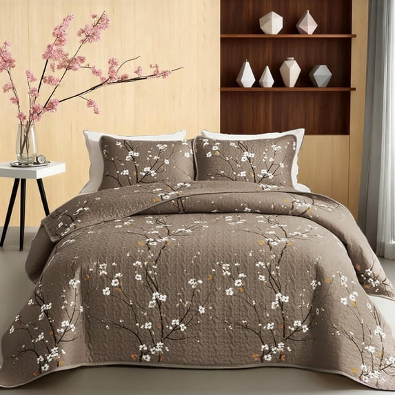 2/3PCS Cherry Blossom Branch Bedspread Set,1pc Quilt + 1/2pcs ...