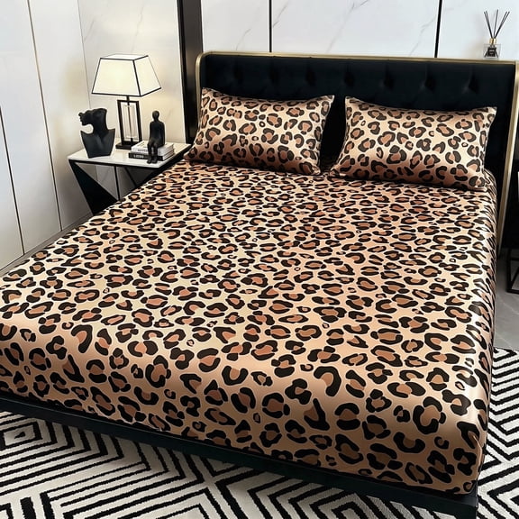 2/3PCS Leopard Print Satin Fitted Sheet Set,Fashionable Classic Soft And Comfortable Deep Pocket Breathable Bedding,1 Fitted Sheet + 1/2 Pillowcases No Filling(Yellow,Full)