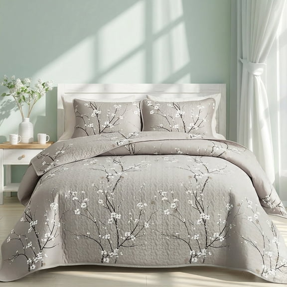 2/3PCS Romantic Plum Blossom Quilted Bedspread Set,1 Coverlet+1/2 Coordinated Pillowcases,Multi-use for Bedroom Dorm Sofa Throw Wrinkle Resistant Machine Washable(Gray,Twin)
