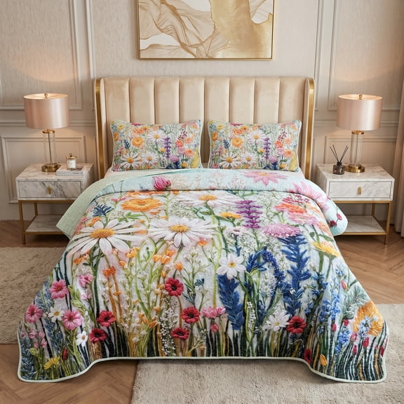 2/3PCS Watercolor Floral Heart-shaped Multicolor Bedspread Set,1 Quilt+1/2 Pillowcases,Gorgeous Watercolor Print Soft Cozy Hypoallergenic Machine Washable Bedding Decor(Floral pattern, Twin)