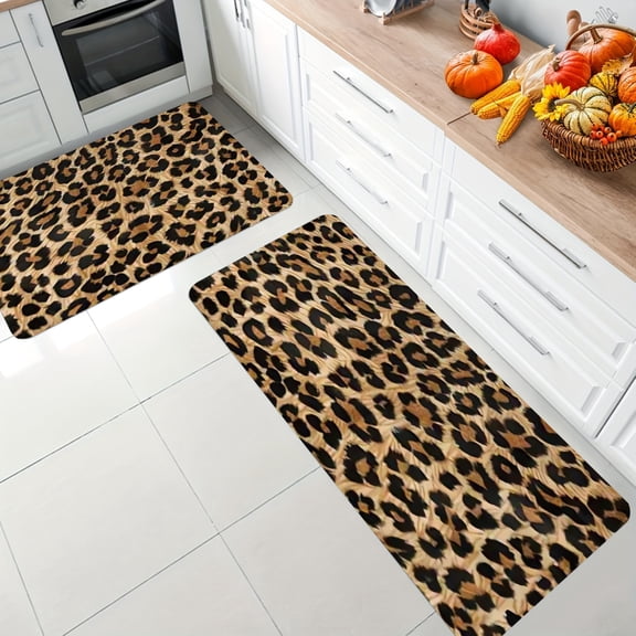 Leopard Print Kitchen Rug Set, 3-Piece Flannel Floor Mats for Bedroom, Living Room, Bathroom, Laundry, Entryway, Home and Holiday Decor