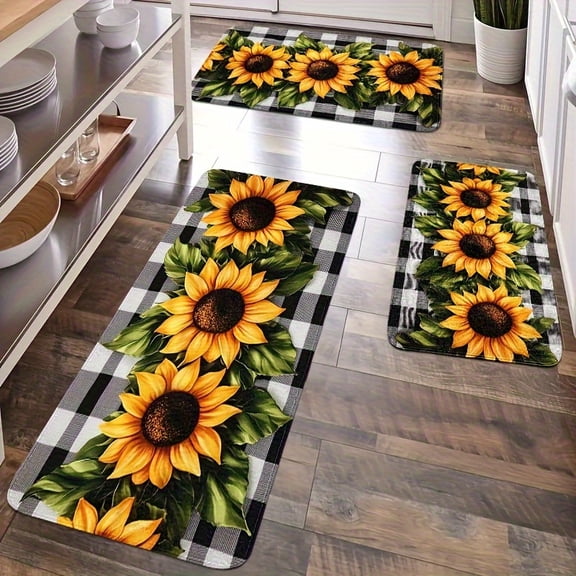 2/3Pcs Sunflower Pattern Kitchen Mat Set, Spring Farmhouse Buffalo Plaid Decor, Soft Non-Slip Flannel Easy Clean Floor Mats for Bedroom, Living Room & Dining Room