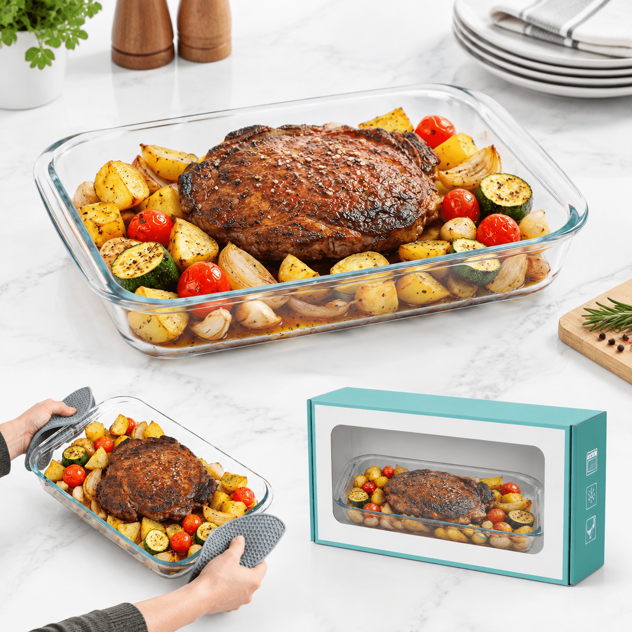 2.3QT Borosilicate Glass Baking Dish with Silicone Mats for Oven ...