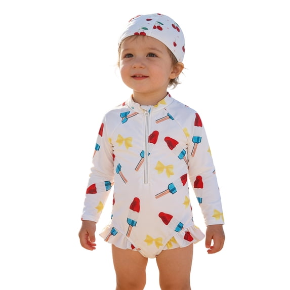 2-3T Bathing Suit Girls Toddler Girl Peach Leaf Print Long Sleeve Swimsuit Set with Matching Swim Cap for Warm Pool and Beach