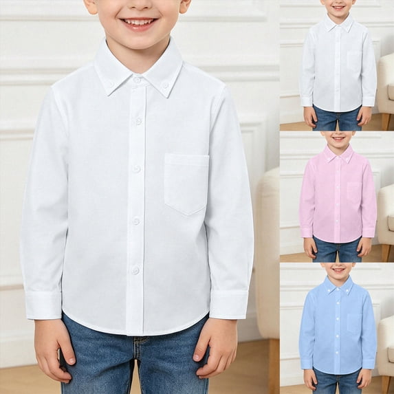 2-3T Toddler Boys Uniform Shirts,Boys Dress Shirts,Youth Solid Color Long Sleeve with Pocket Spring Fall Tops for 2-14T